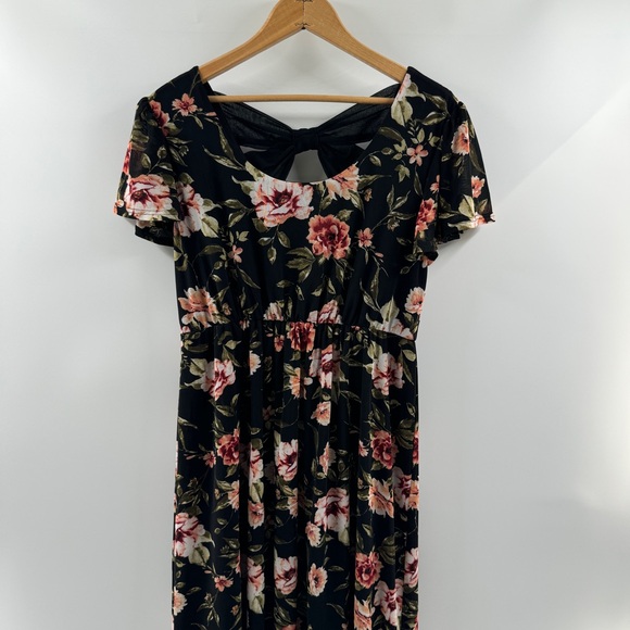 SirenLily Maternity Maxi Dress Large Black Floral with Bow Detail - Picture 1 of 8